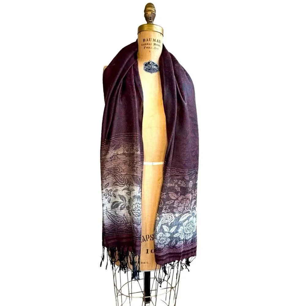 Pashmina Brown 100% Cashmere Floral Paisley Tasseled Shawl Scarf Wrap 28”x 66”